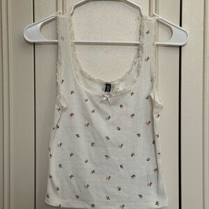 Divided White Fitted Tank Top with Pink Flowers